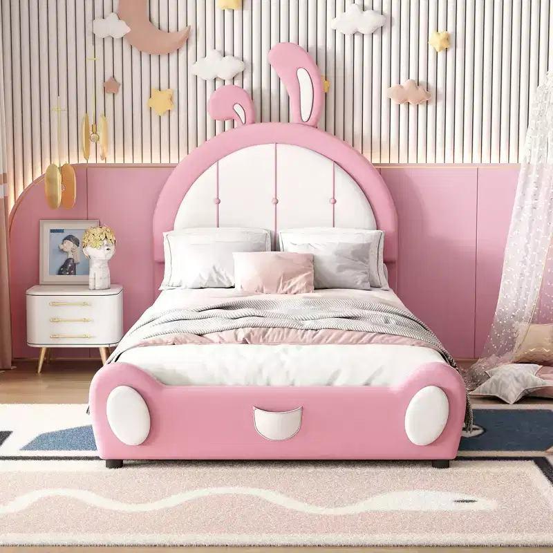 Twin Size Upholstered Platform Bed with Rabbit Shaped Headboard