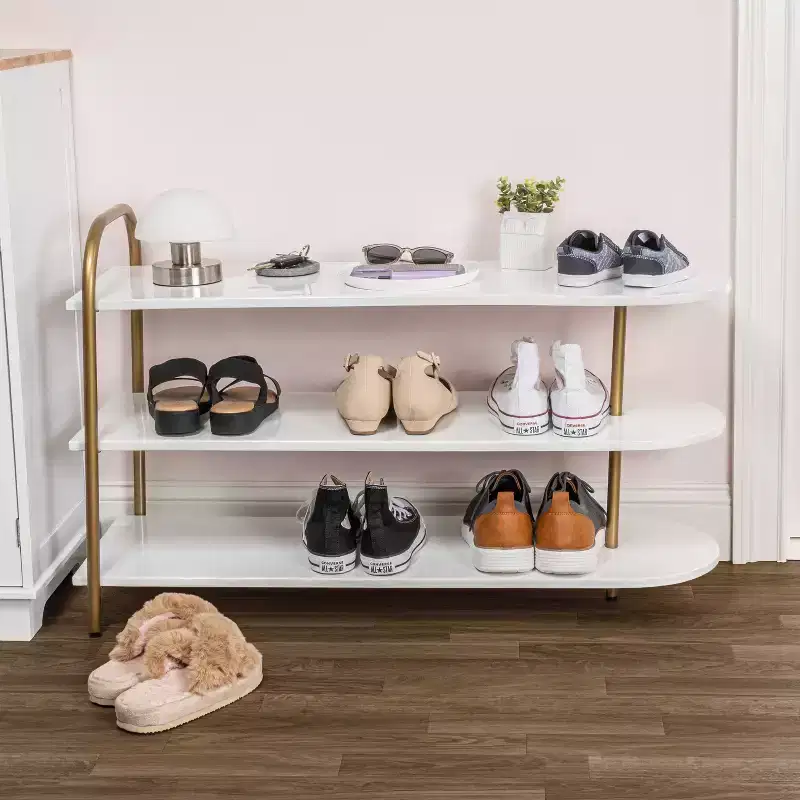 happimess Modern 24 9-Pair 3-Tier Iron Curved Decker Shoe Rack