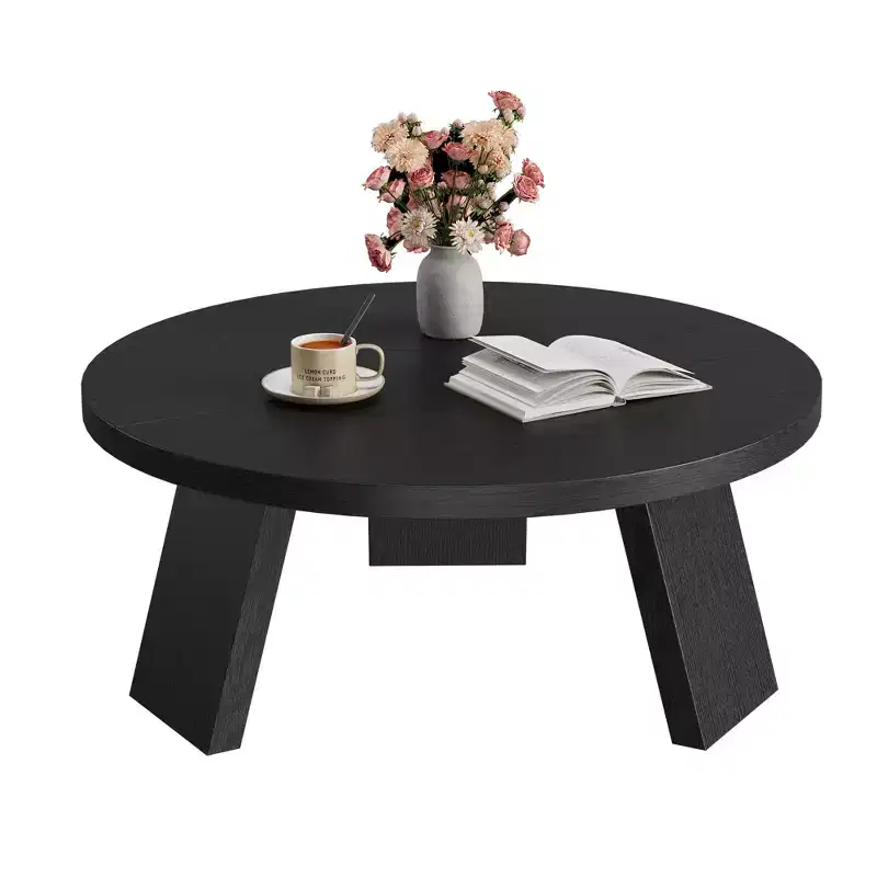 33.5'' Modern Round Coffee Table, Wooden Center Table, Sofa Side Table with Inclined Legs, Accent Cocktail End Table for Living Room Office