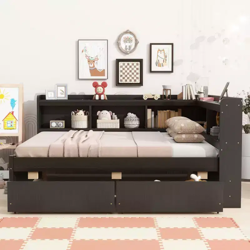 Full Size L-Shaped Bed with Bookcase, Power Outlets, USB Ports and Storage Drawers