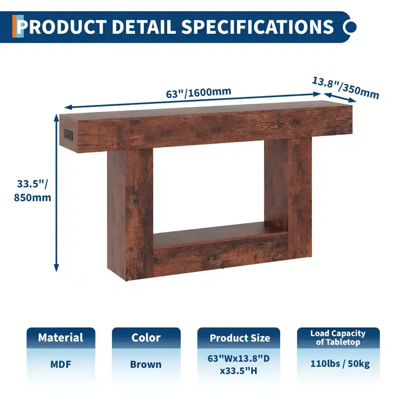 63 in Farmhouse Entryway Table with Storage & Charging Station, 2 Tier Narrow Console Table Behind Couch, Wooden Hallway Furniture for Entrance Foyer