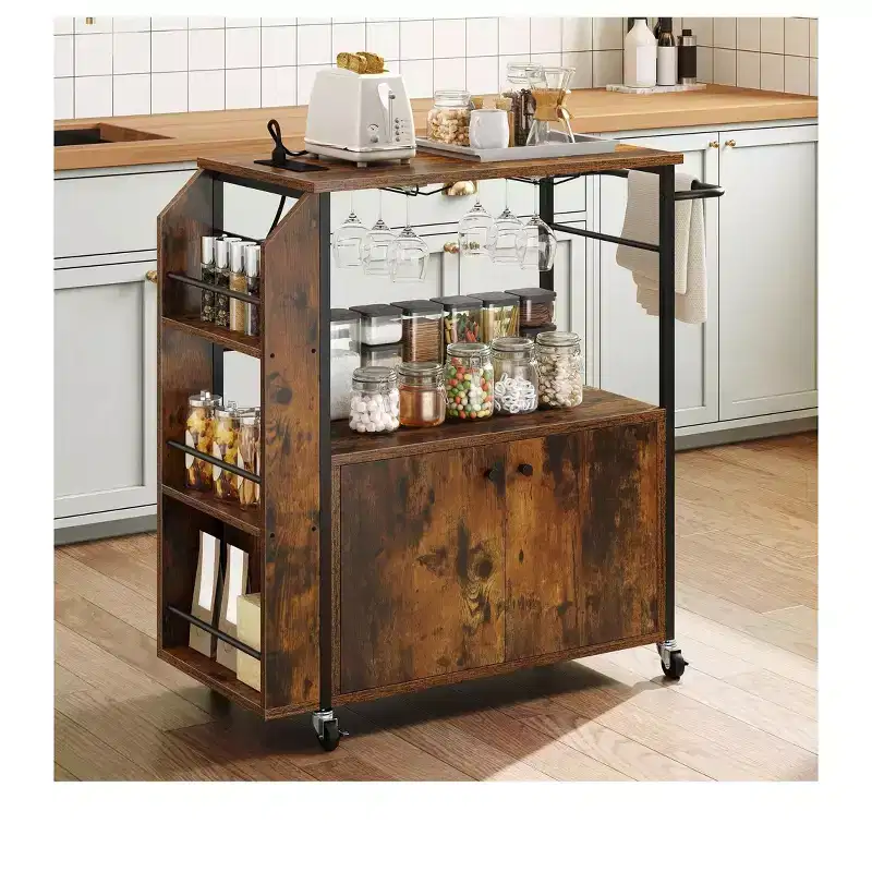 Rolling Kitchen Island Cart With Power Outlets With Open Shelves Portable Serving Utility Carts On Wheels With Storage For Kitchen Dining Room