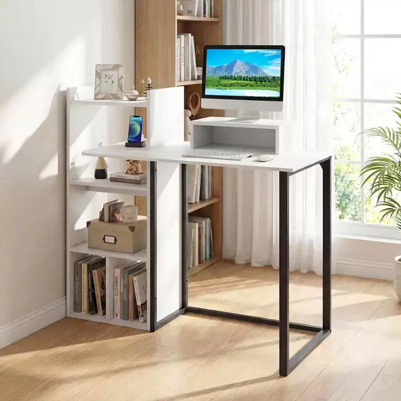 Costway Computer Desk with Charging Station 43.5 Study Desk with Ergonomic Monitor Stand White & Black