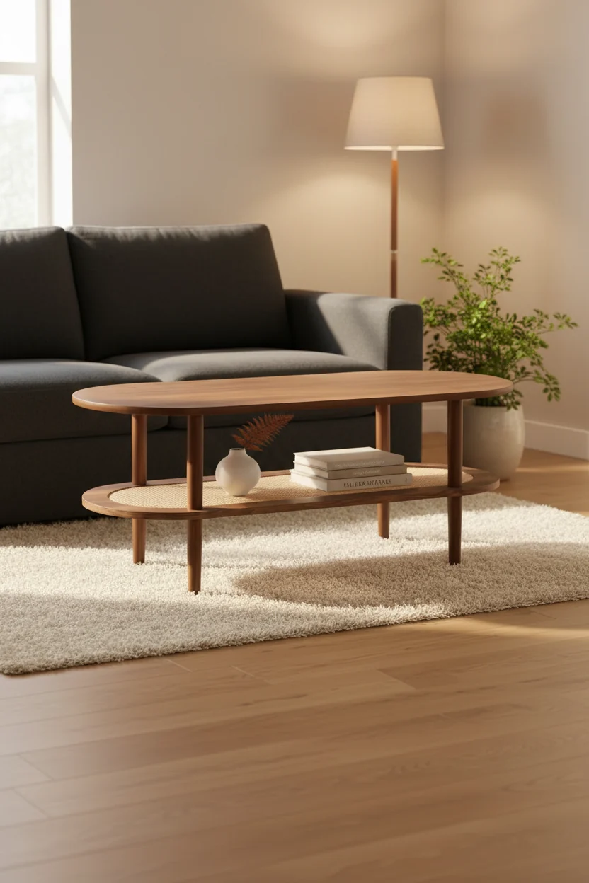 Modern Walnut Oval Coffee Table with Lower Storage Shelf and Wood Legs