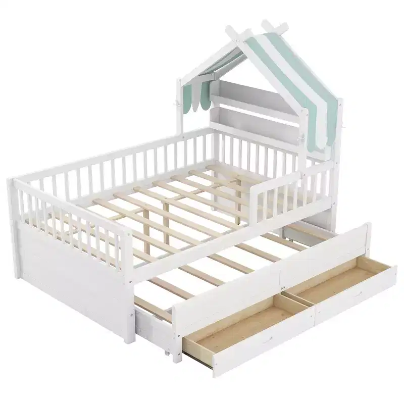 GDFStudio Sanders Wooden House Bed with trundle and Fabric