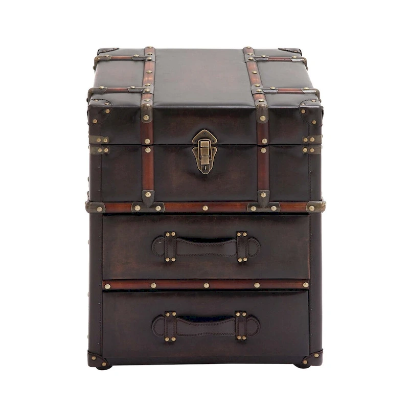 Linen Fabric or Faux Leather 2 Drawer Cabinet or Accent Table with Buckle Hinged Top - Dark Brown or Blue - Roche River Decor