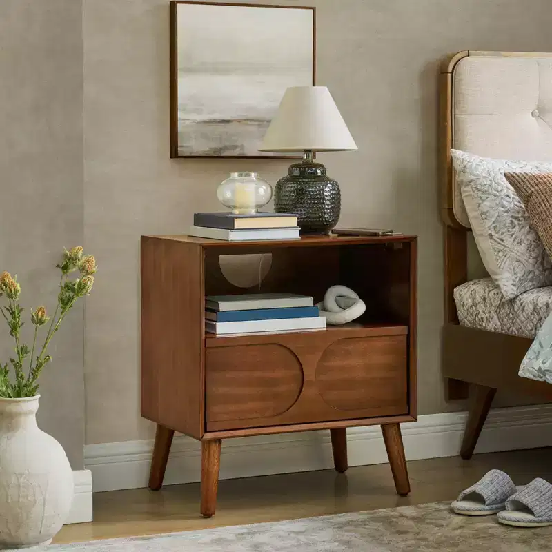 Brown Fluted Side Table with Drawer & Open Shelf, 1-Person Use
