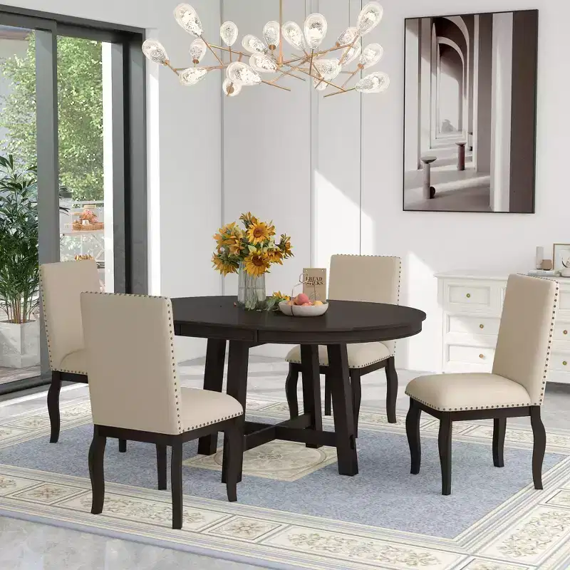 5 Piece Farmhouse Dining Table Set, Wood Round Extendable Dining Table and 4 Upholstered Chairs
