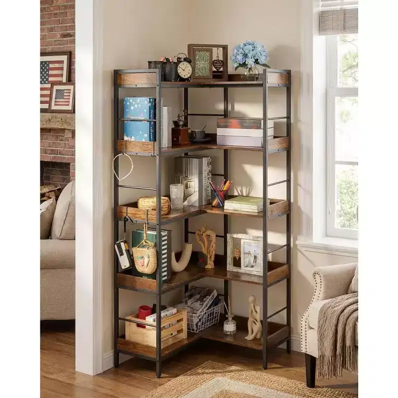COZONY 65 5-Tier Industrial Bookshelf with 4 Hooks, Reversible Corner Wooden Bookcase with Metal Frame, Open Shelves for Living Room Bedroom Office