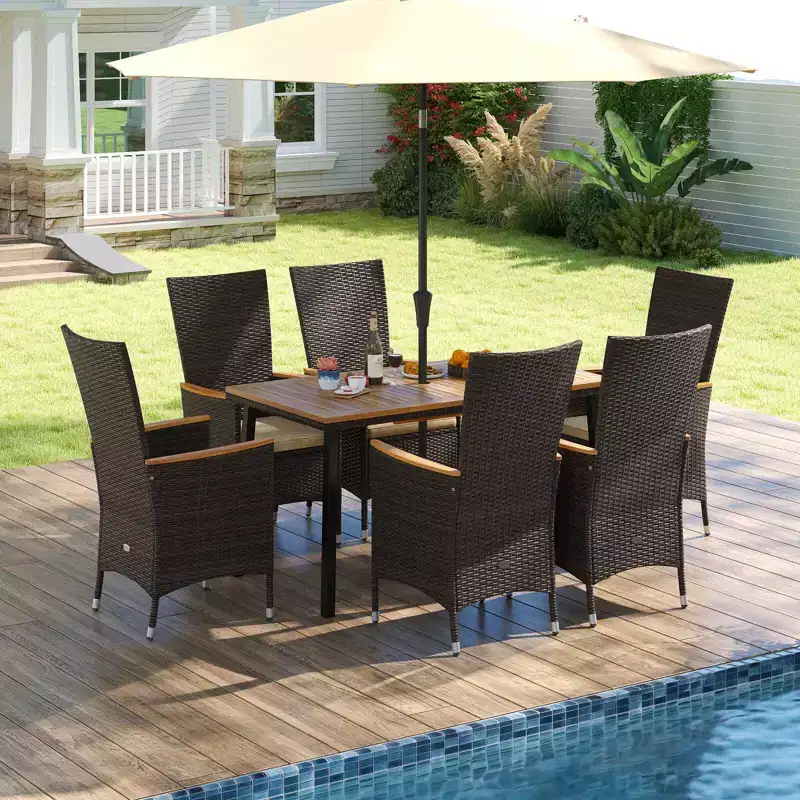 Costway 7 PCS Outdoor Patio Wicker Armchairs Acacia Wood Table with Umbrella Hole, Cushions