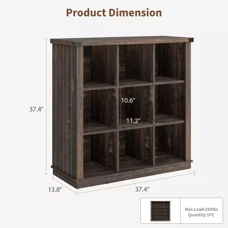 9 Cube Storage Organizer Bookshelf, 4 Tier Farmhouse Horizontal Bookcase, 37.4 Inch Wood Storage Bookcase for Entryway, Long Low Bookshelves