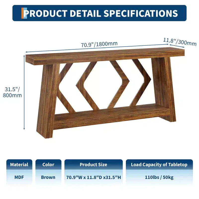 Console Table for Entryway, 70.9 Inch Narrow Farmhouse Couch Table Behind Sofa with 2-Tier Storage Ultra-Stable Trapezoid Leg Sofa Table