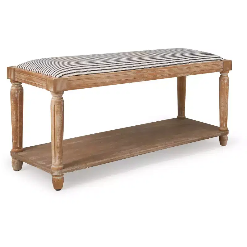 Upholstered Bench Distressed Natural: Cottage Style, Storage Shelf, Polyester Upholstery, Wood Frame