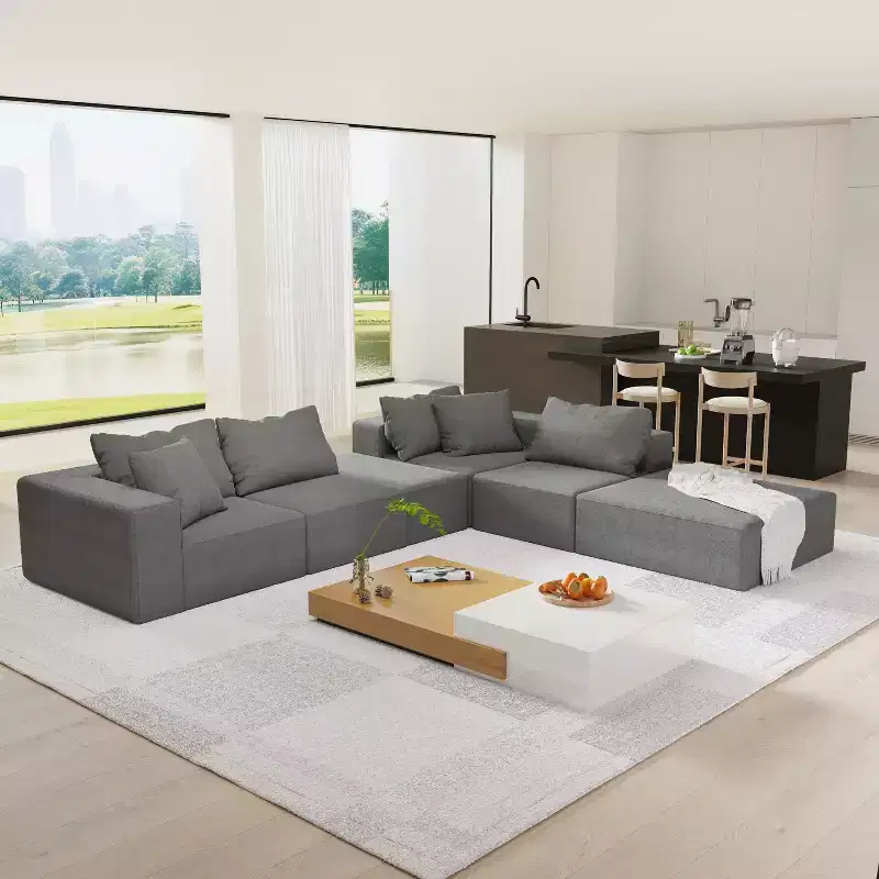 Modern Upholstered Sectional Sofa Couch Set, Modular 132 L-Shaped Sectional Living Room Sofa Set with 6 Cushions