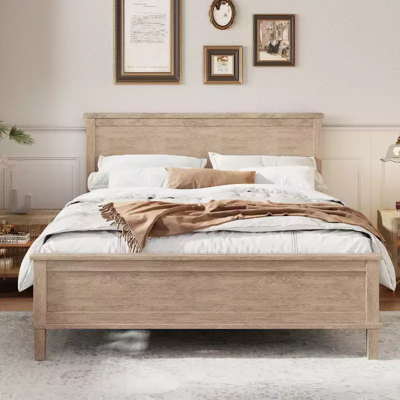 Full/Queen/King Size Platform Bed Frame with Headboard and Wood Slat Support, White/Brown-ModernLuxe
