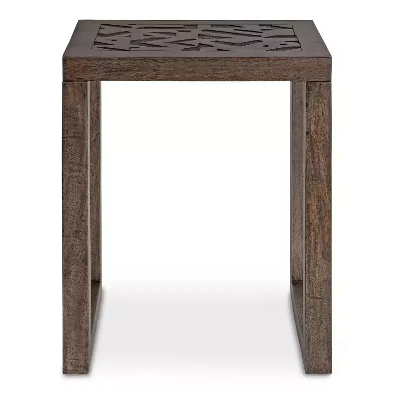Boho-Chic Engraved Solid Mango Wood Side Table, 20x14x26, Gray Wash