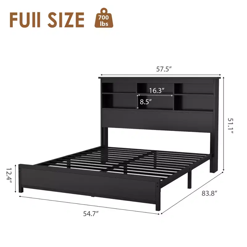 Full Size Bed Frame with Bookcase Headboard, Full Platform Bed with 2-tier Storage & Charging Station, No Box Spring Needed Easy AssembleBlack