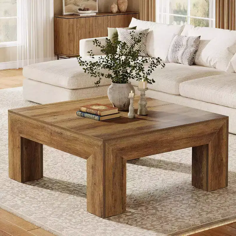 Lantine 39.4-Inch Square Coffee Table for Living Room, Farmhouse Accent Center Cocktail Table with Sturdy Wooden Legs, Easy Assembly