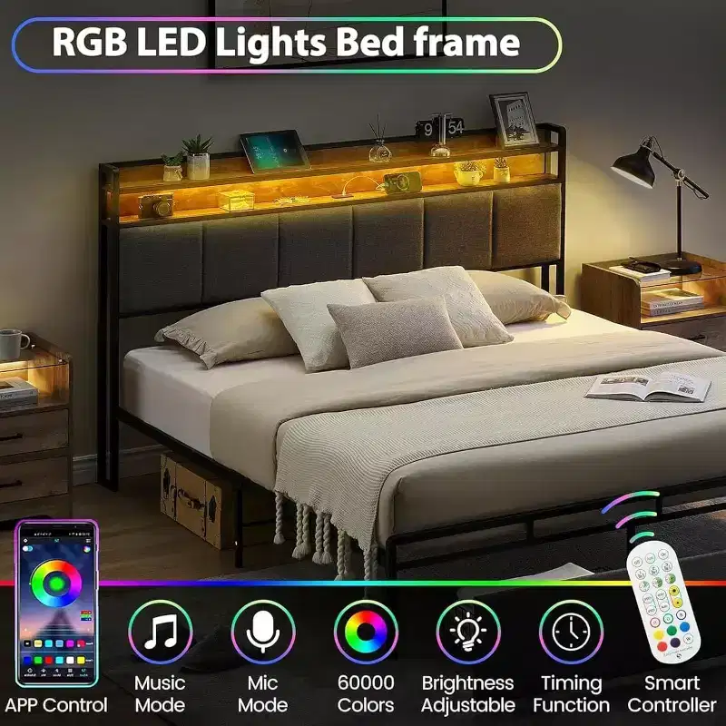 Bed Frame with Storage Headboard, LED Lights, Charging Station & 2 Drawers, No Box Spring Needed