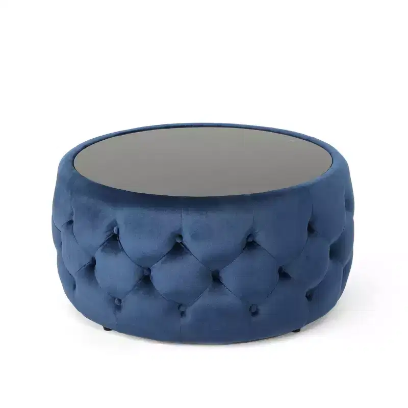 Glam Coffee Table Ottoman Blue - Velvet, Tempered Glass, Luxury Living Room Furniture