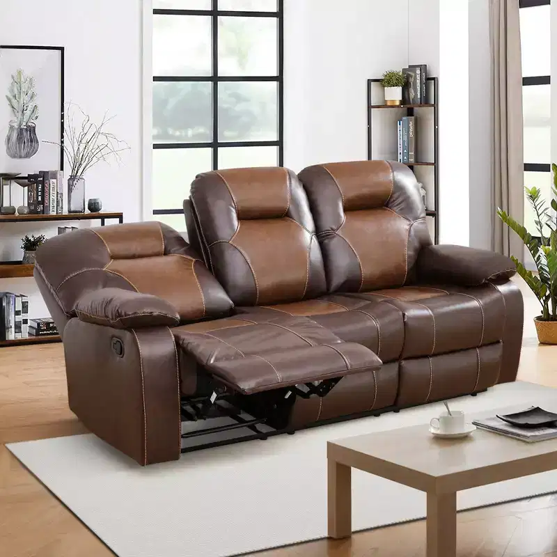 MAYEERTY Reclining Sofa, 3-Seat Breathable Leather Recliner with Reversible Coffee Table for Living Room, Brown