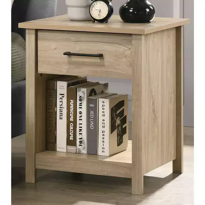 This Celeste 20W Light Oak Finish 1-Drawer Nightstand Bedside Table combines contemporary style with smart storage solutions, creating a space.