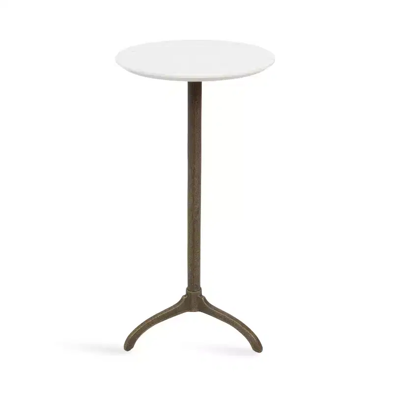 Marble and Metal Round Side Table, White and Bronze, 12x12x24