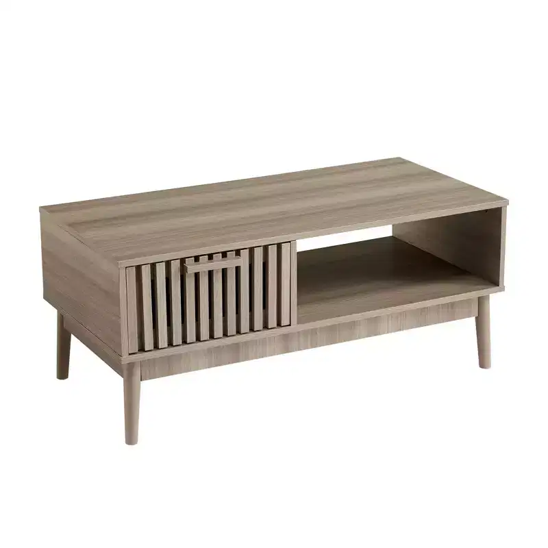 39.4 Coffee Table with Drawer and Open Shelf, Mid Century Modern 2 Tier Rectangle Center Table for Living Room