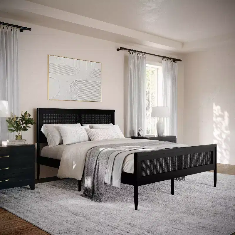 Martha Stewart Jax Solid Wood Platform Bed with Rattan Headboard and Footboard, No Box Spring Required