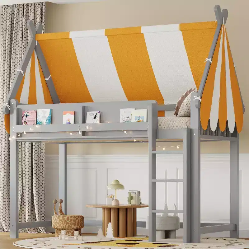 Twin/Full Size Loft Bed with Canopy and Roof, Wood House Bed with LED Lights & Book Shelf for Girls Boys Bedroom