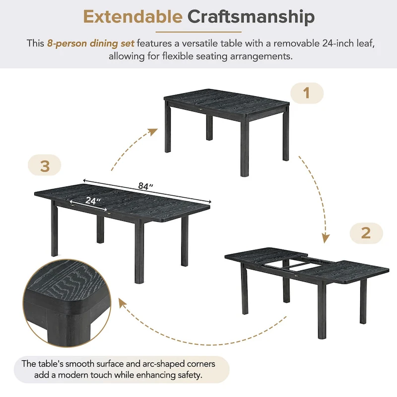 Rustic Extendable Dining Table Set with 24inch Removable Leaf, 6 Upholstered Armless Dining Chairs and 2 Padded Arm Chairs