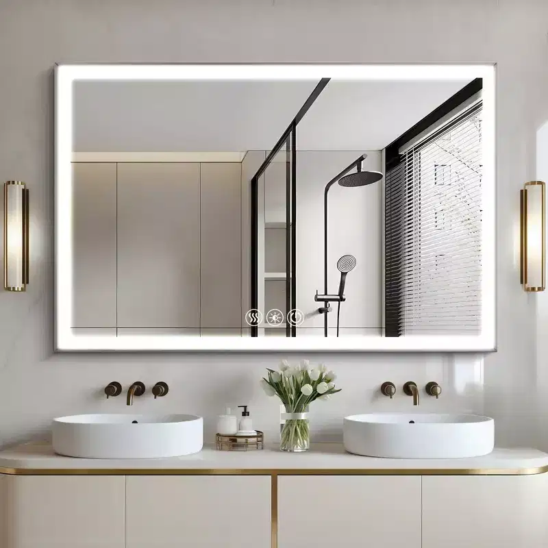 Bathroom Wall-Mounted Mirror with Aluminum Frame and Dimmable Touch Control, Anti-Fogging, 48x32 - Silver