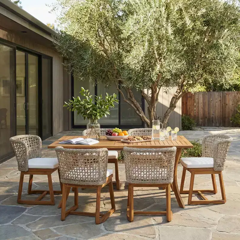 Christopher Knight Home Priya Modern 7 Piece Acacia Patio Dining Chairs with Natural Wicker and Slatted Table