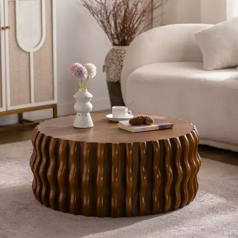 GDFStudio Kaen Mid-Century Modern Drum Fluted Round Coffee Table