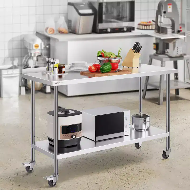 VEVOR 24 x 60 x 40 Inch Stainless Steel Work Table, Commercial Food Prep Worktable with Casters, Heavy Duty Prep Worktable, Metal Work Table