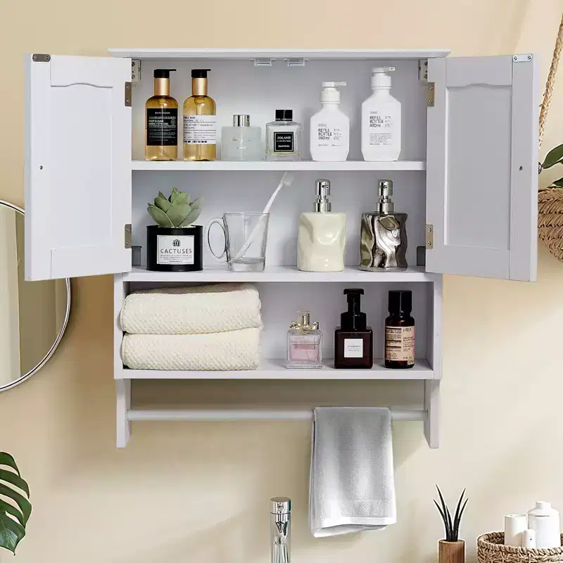 VEVOR Bathroom Wall Cabinet,2 Doors and Adjustable Shelf,Over the Toilet Storage Medicine Cabinet Wall Mounted,with Open Partition and Towel Bar,White