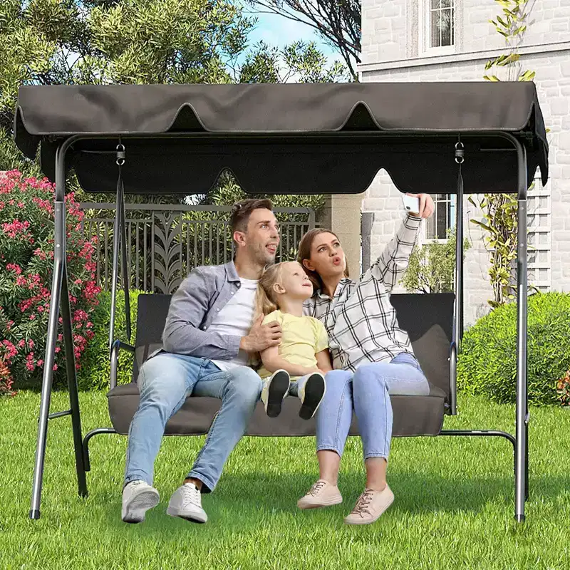3-Seat Black Patio Swing Chair - Adjustable Canopy & Armrests, Breathable Textilene Fabric Hanging Bench for Garden Poolside Backyard