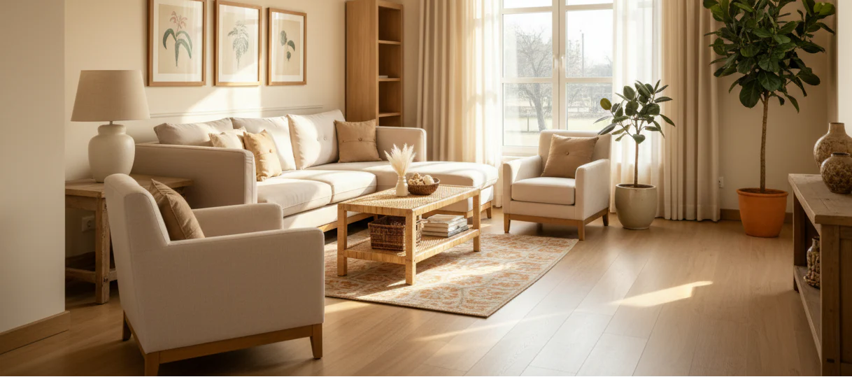 Rattan and Mahogany Wood Rectangle Coffee Table with Open Shelf, Light Honey