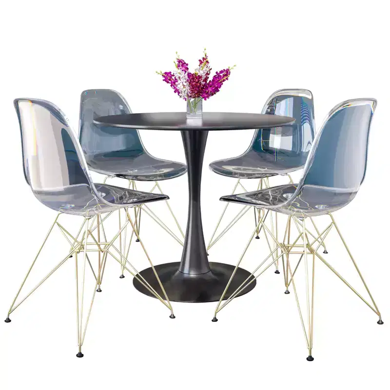 LeisureMod 5-Piece Dining Set with 35 Round Iron Pedestal Dining Table and 4 ABS Plastic Side Chairs with Gold Base