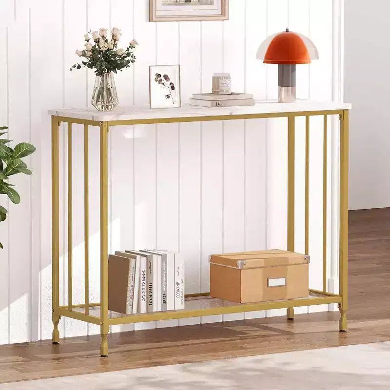Coolmee 41.5 inch Industrial Console Table, Narrow Entryway Table with Glass Shelf and Metal Frame, Behind Couch Table for Hallway, Living Room