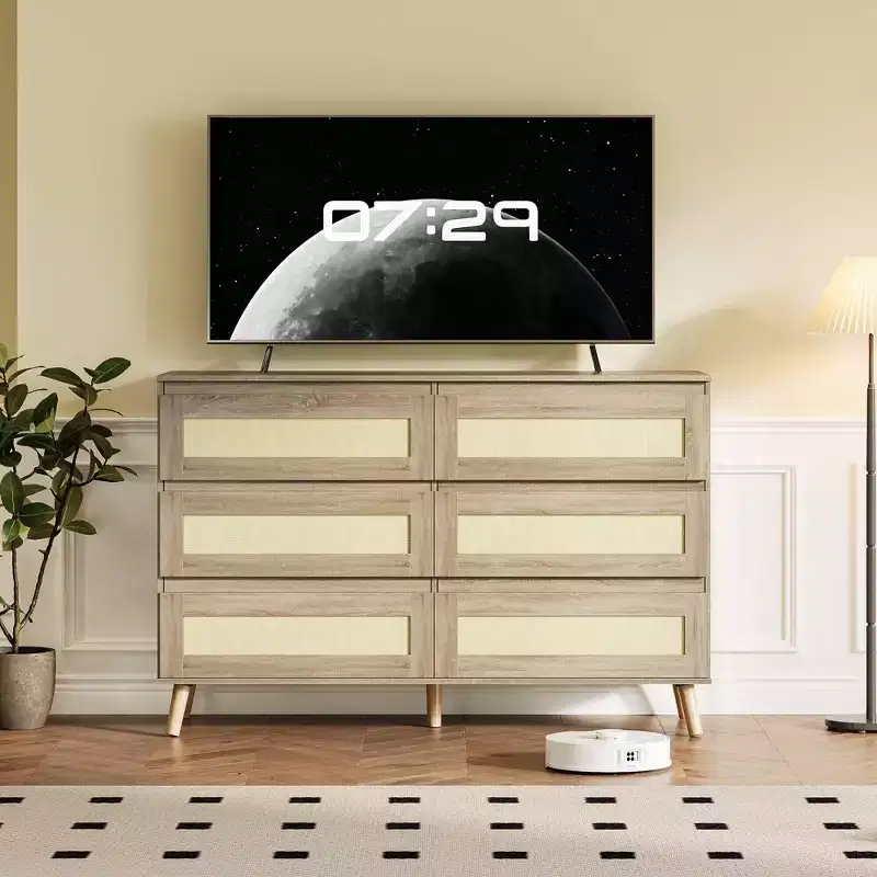 Rattan 6 Drawer Dresser for Bedroom, Large Double Dresser with Deep Drawers, Wooden Chest of Drawers for Closet with Wide Top