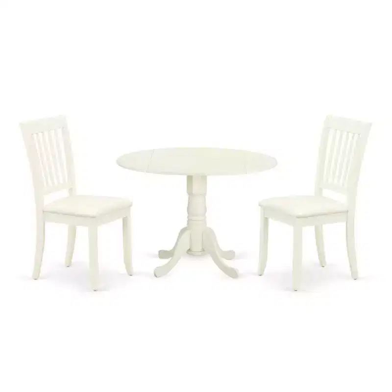 Round Dinette Set with Drop Leaf Table & 2 Linen Dining Chairs - White Finish