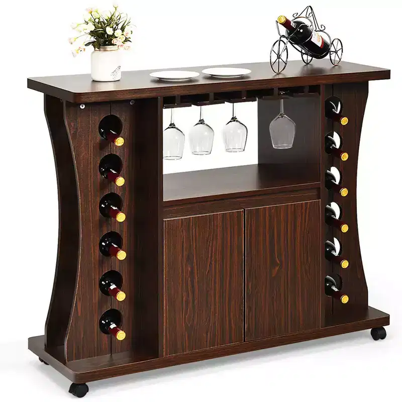 Rolling Buffet Sideboard Wooden Bar Storage Cabinet with Wine Rack & Glass Holder