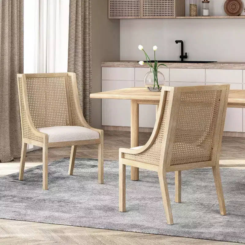 GDFStudio Rustic Fabric Upholstered Wood and Cane Dining Chairs (Set of 2)