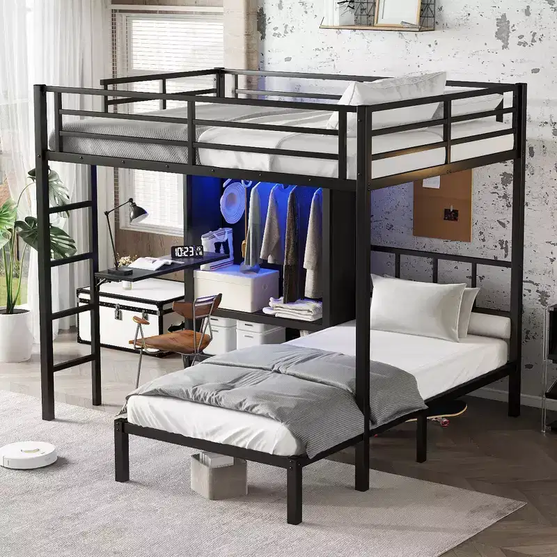 Bellemave Full XL Over Twin Metal Bunk Bed with Folding Desk, Closet with LED ,Space-Saving/Noise Reduced, Black