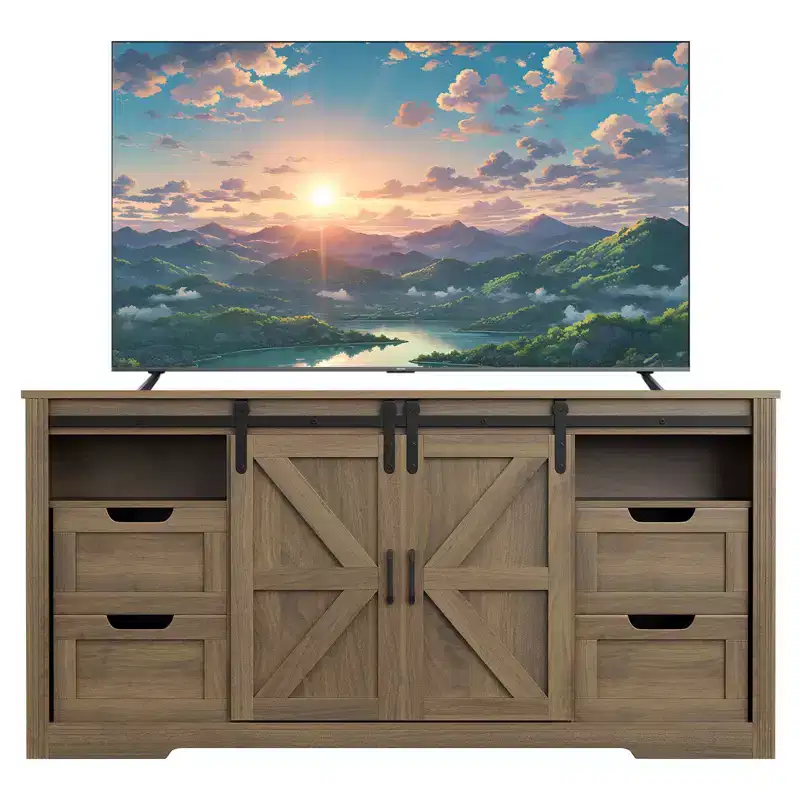 Modern TV stand, accommodates TVs up to 70 inches, featuring 4 drawers and sliding barn doors for a living room entertainment center.