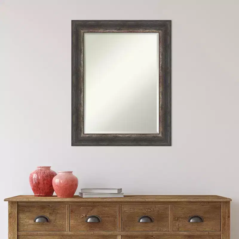 23x29 Inch Bark Rustic Char Framed Wall Mirror in Brown with Modern Beveled Glass