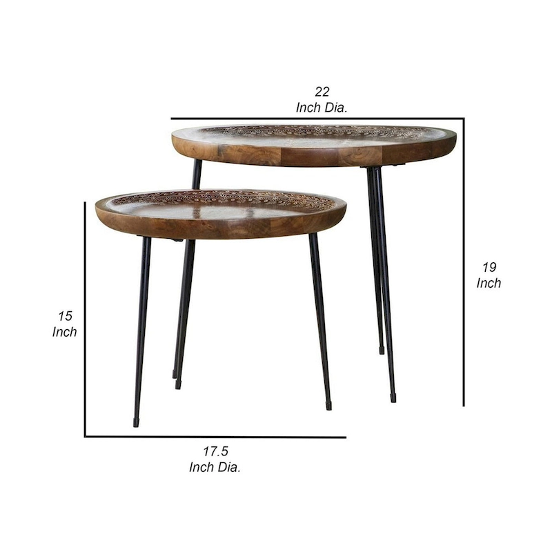 2 Piece Round Nesting Tray Top Table Set, Carved Edges, Motif Design, Brown