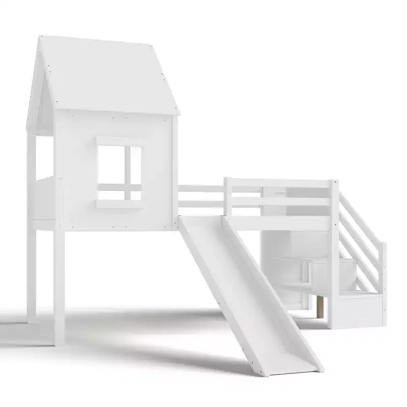 Wood Twin Loft Bed with Slide, Removable Desk & Storage Stairs