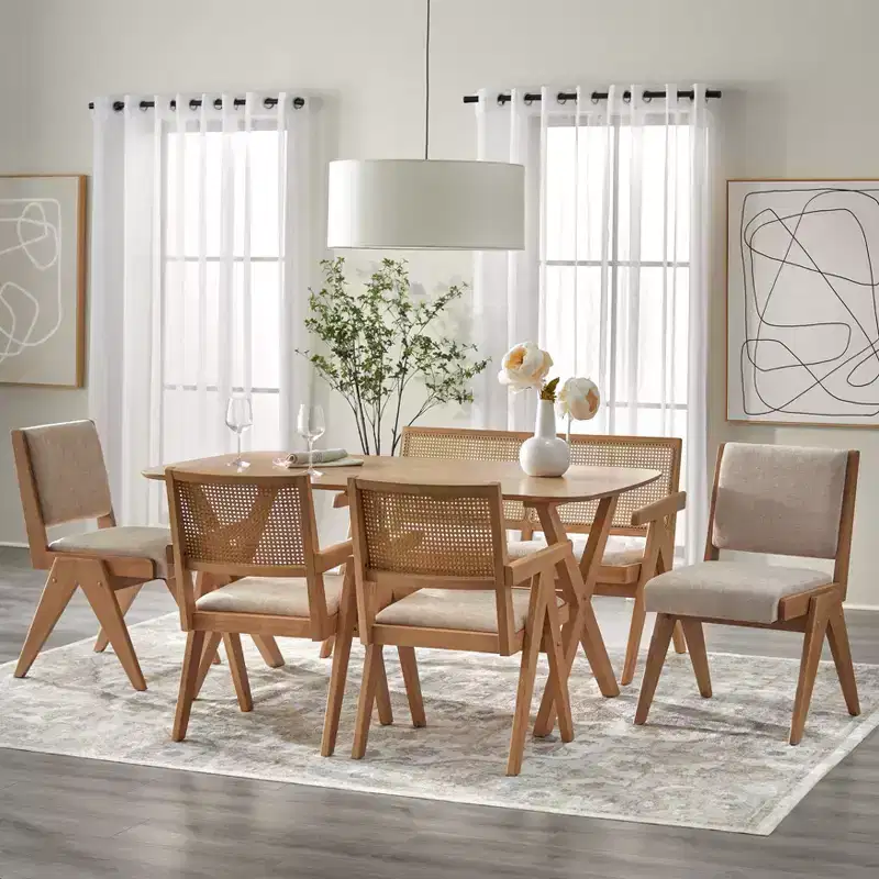 Lifestorey 6pc Baywood Mid Century Solid Wood Dining Set Light Oak/Beige